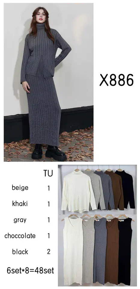 Completo in maglia a coste con dolcevita e gonna lunga, modello X886
