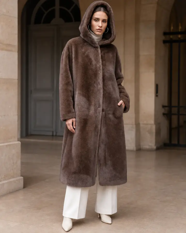 Cappotto lungo con cappuccio, modello H977 marrone