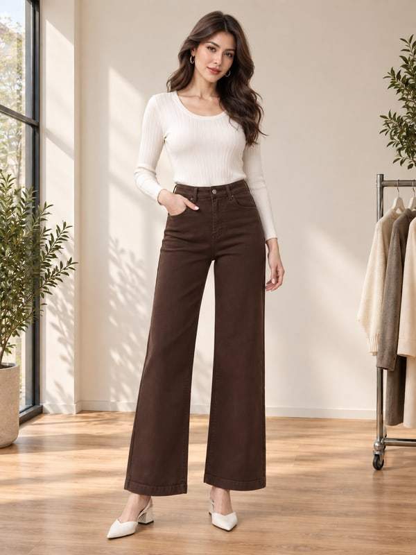 Jeans caffè a gamba larga felpati