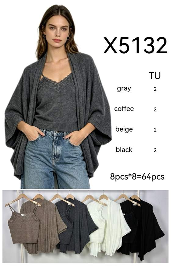 Completo due pezzi con top in pizzo e cardigan