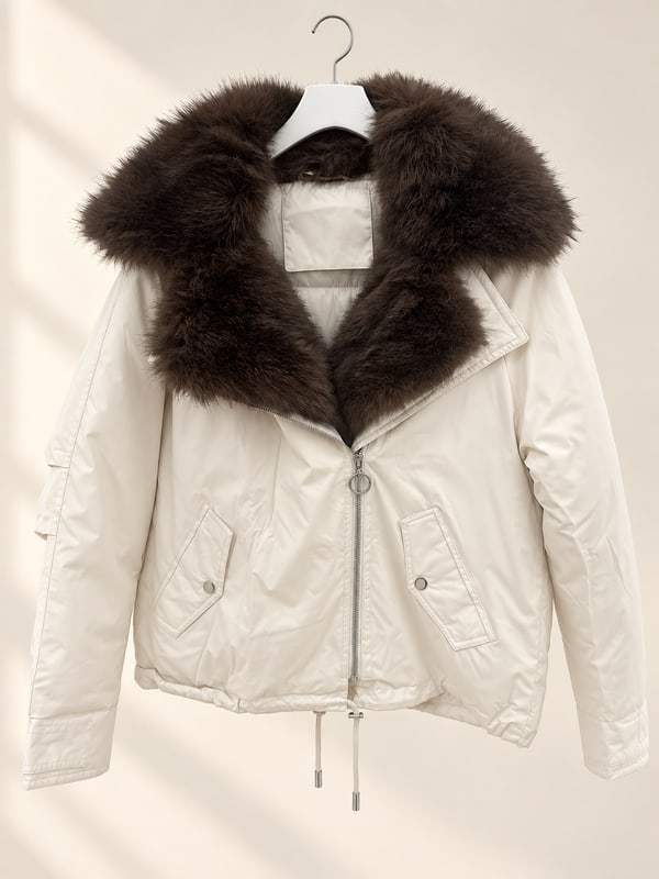 Giacca corta bianca con maxi collo effetto peluche