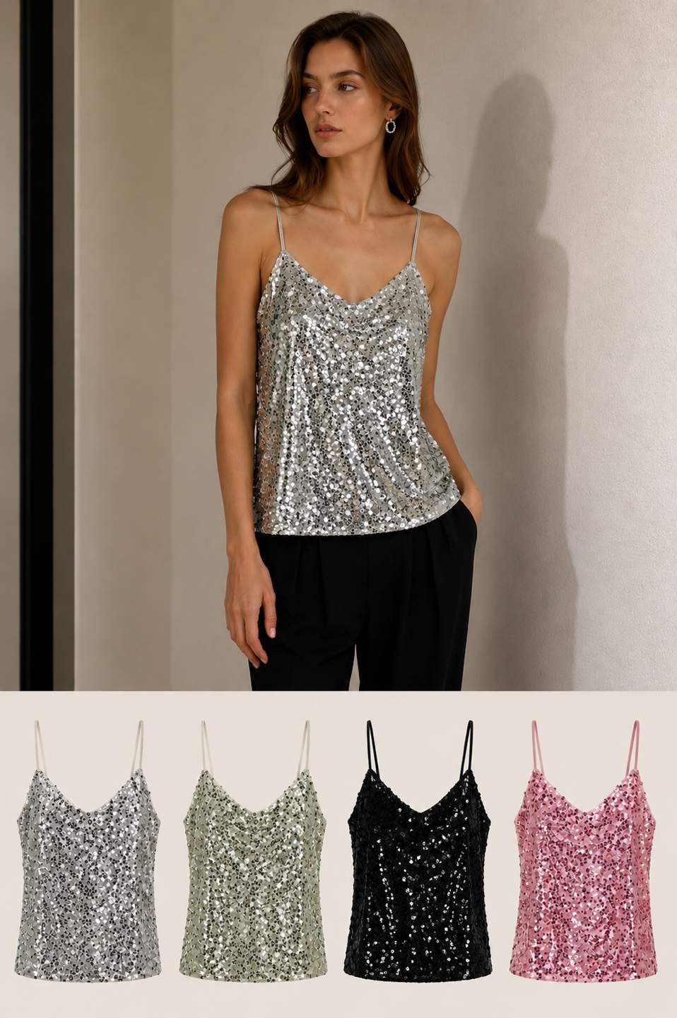 Top con paillettes e spalline sottili