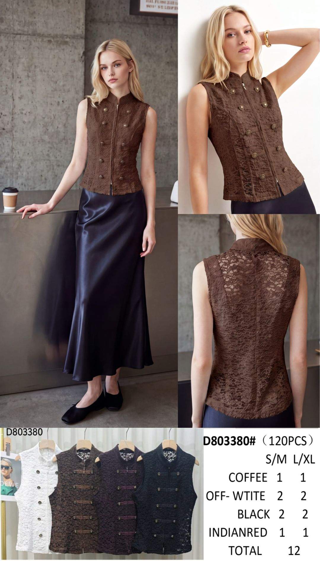 Gilet in pizzo con collo alla coreana e bottoni decorativi