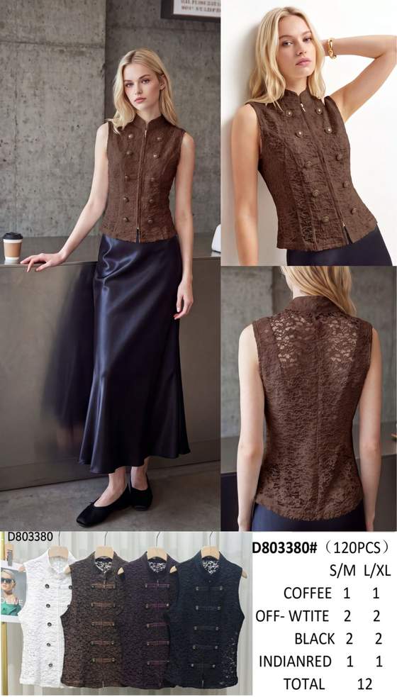 Gilet in pizzo con collo alla coreana e bottoni decorativi