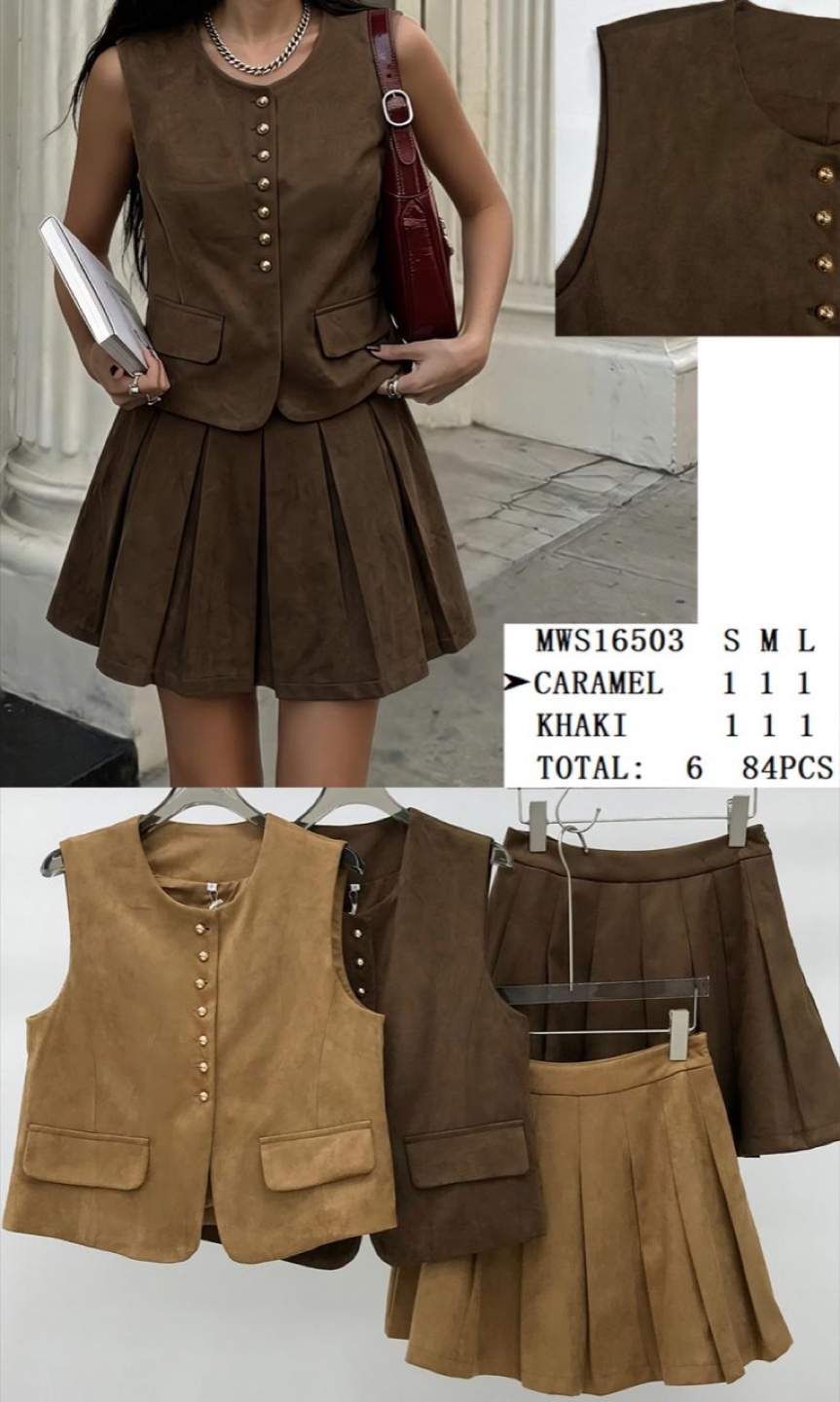 Completo gilet e minigonna plissettata effetto camoscio
