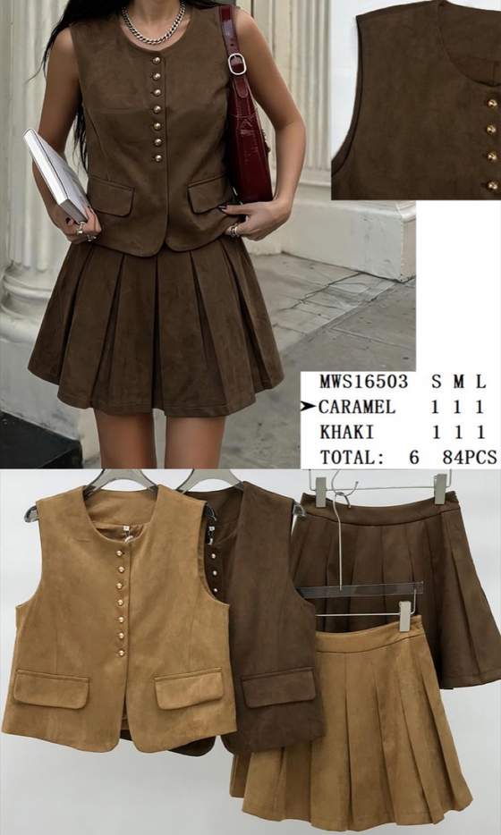 Completo gilet e minigonna plissettata effetto camoscio