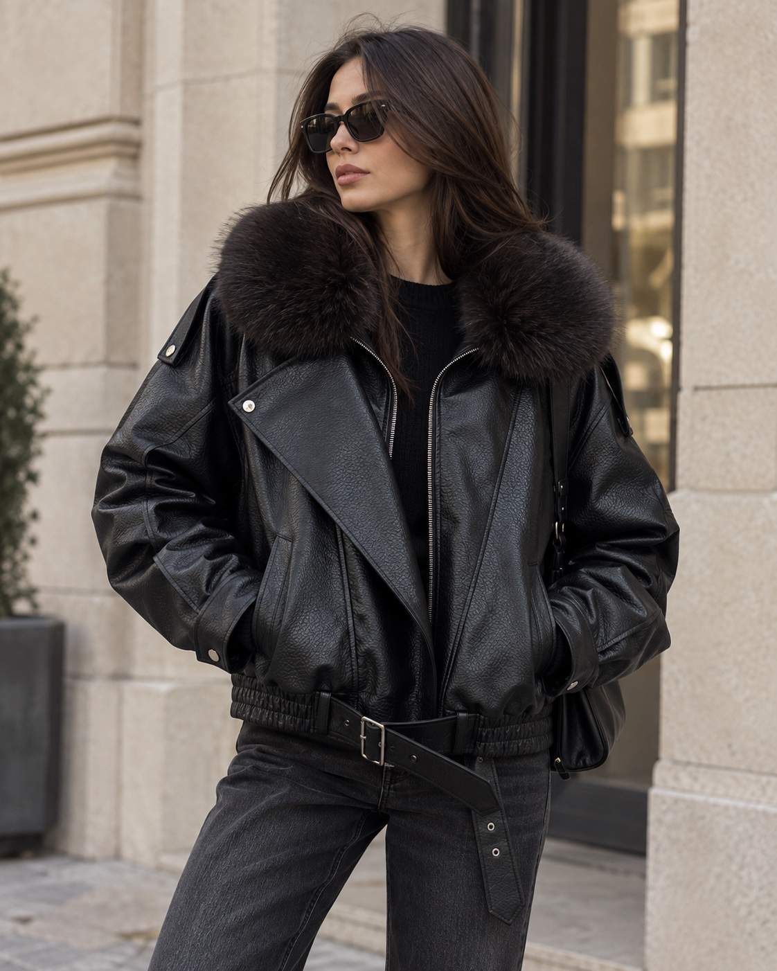 Giacca biker nera con collo effetto pelliccia
