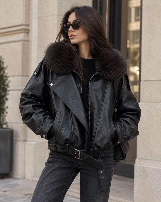 Giacca biker nera con collo effetto pelliccia