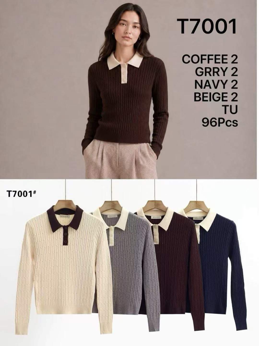 Maglia lavorata a trecce con colletto polo a contrasto