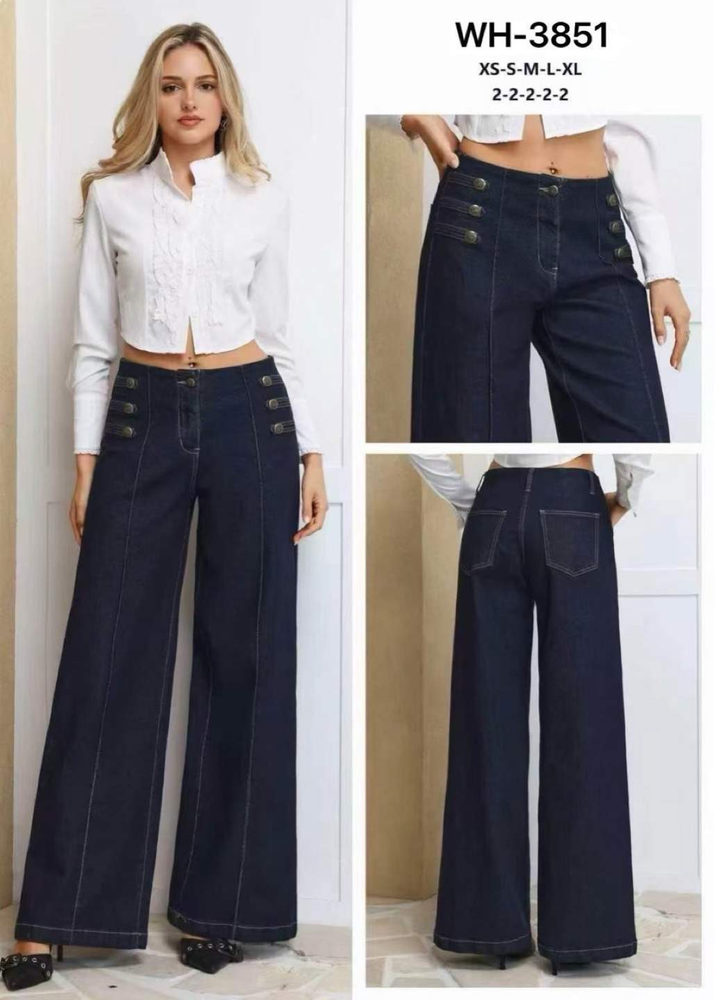 Jeans blu scuro a gamba larga con doppia fila di bottoni
