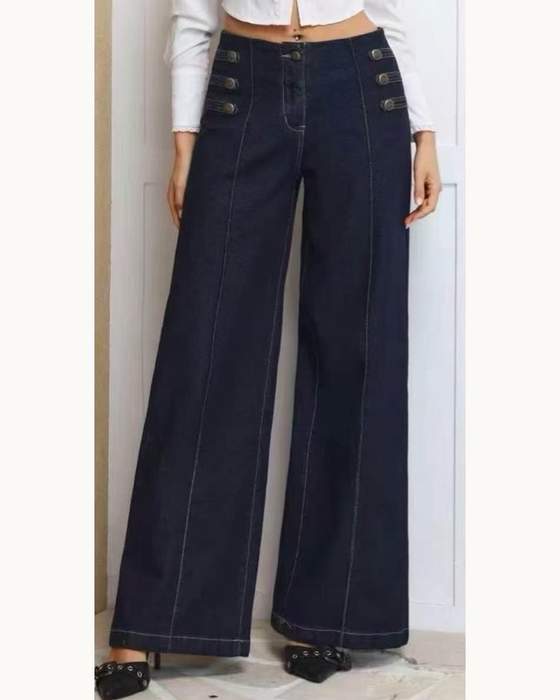 Jeans blu scuro a gamba larga con doppia fila di bottoni