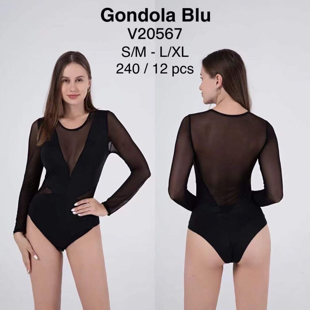 Body nero a maniche lunghe con inserti in rete