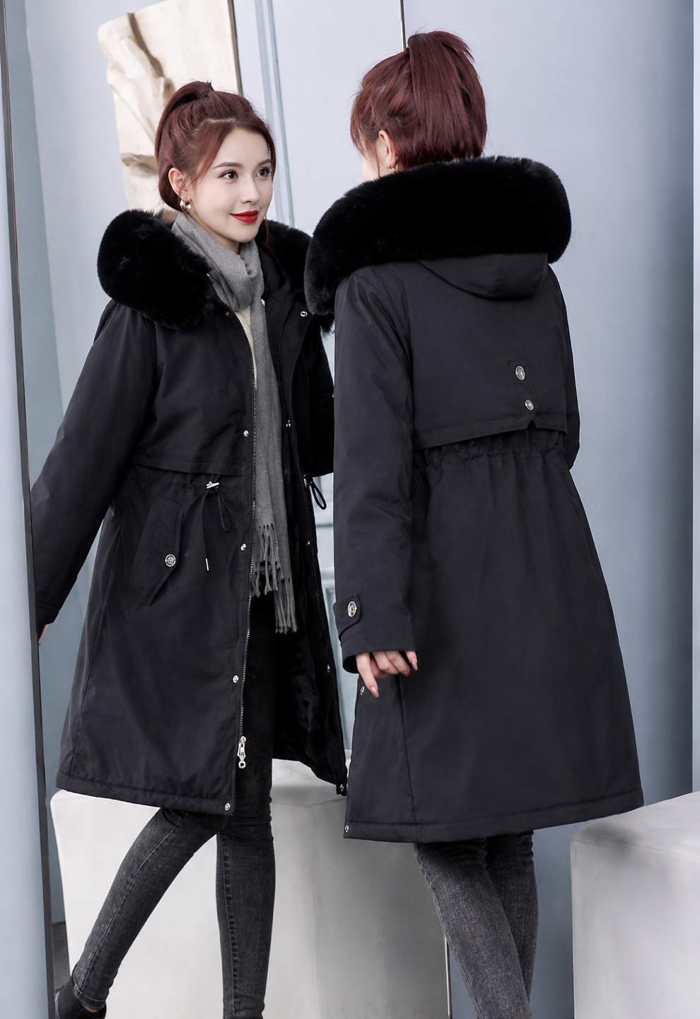 Parka donna nero lungo con cappuccio