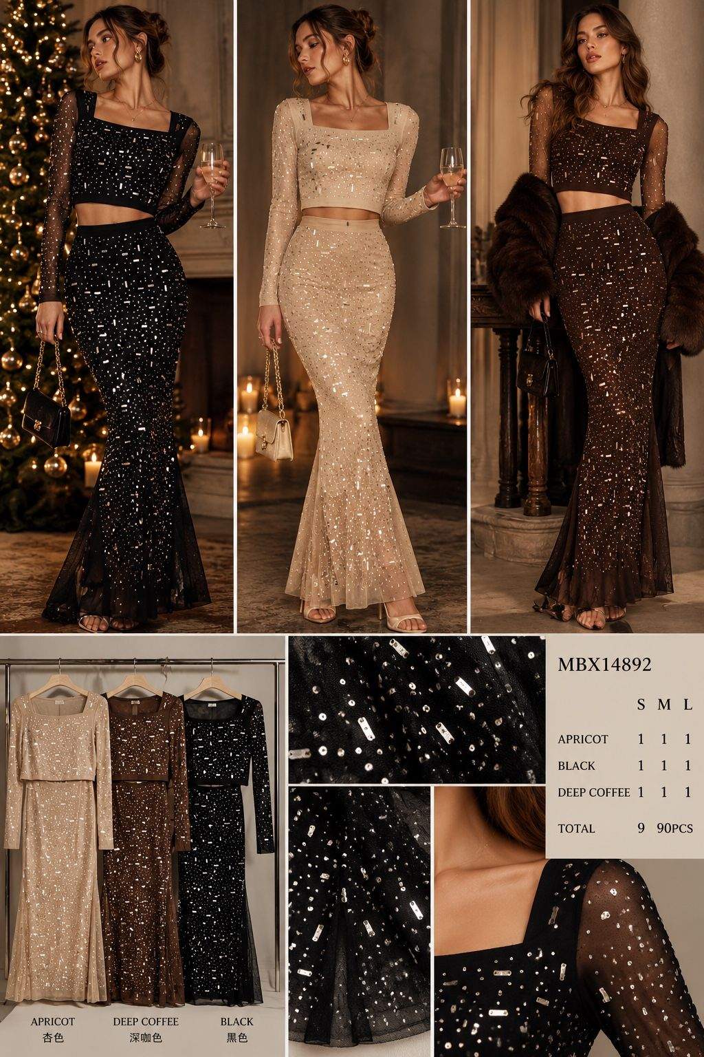 Completo con top a maniche lunghe con scollo quadrato e gonna lunga con paillettes