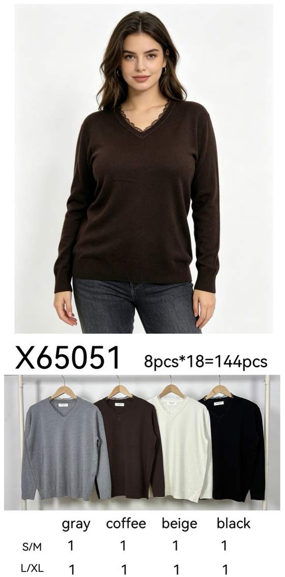 Maglia a maniche lunghe con scollo a V in pizzo