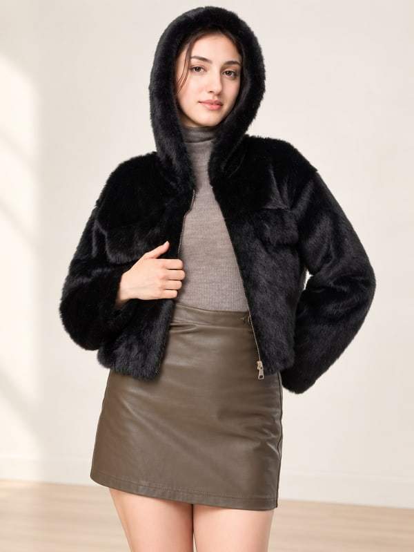 Giacca corta con cappuccio effetto peluche