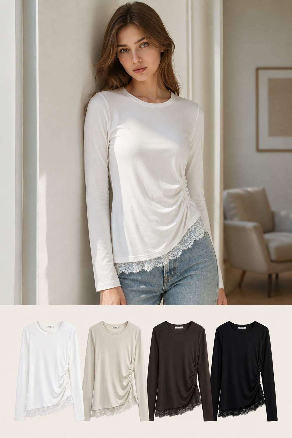 Maglia donna a maniche lunghe con arricciature e fondo in pizzo