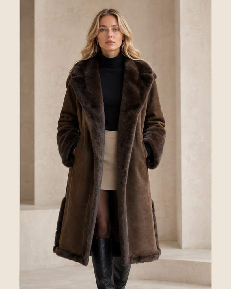 Cappotto lungo color caffè con bordi effetto peluche