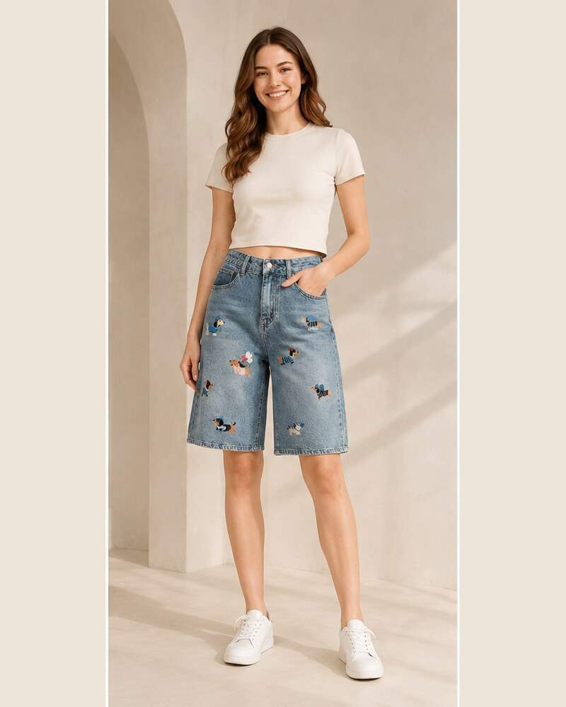 Bermuda in denim con applicazioni
