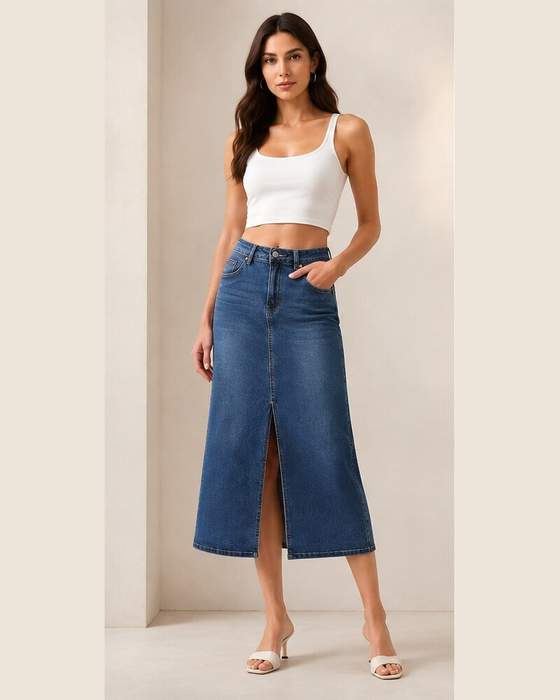 Gonna midi in denim con spacco frontale