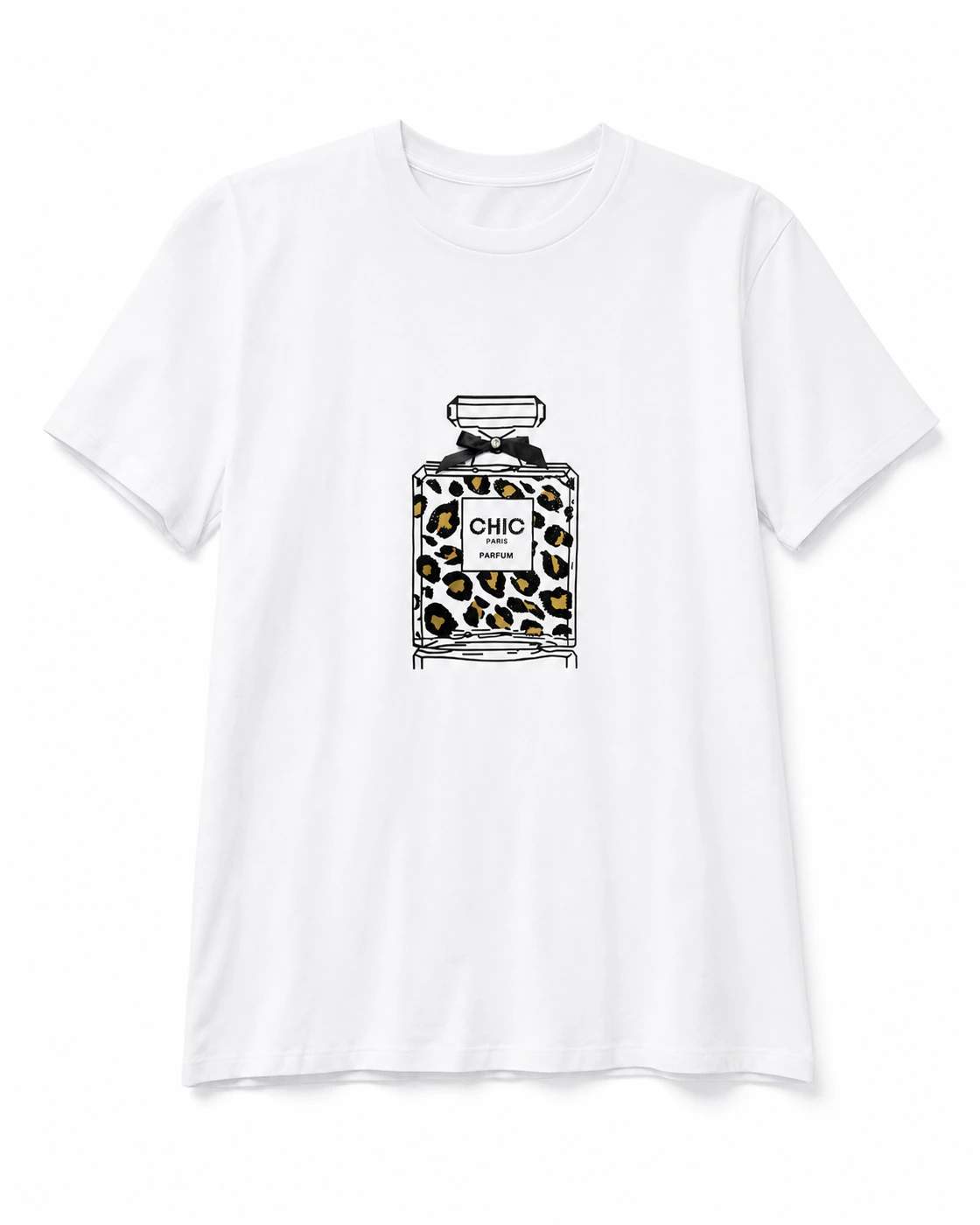 T-shirt bianca con stampa di una bottiglia di profumo