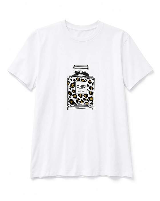 T-shirt bianca con stampa di una bottiglia di profumo