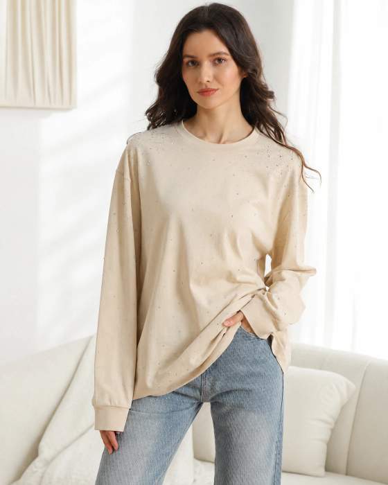 Maglia girocollo a maniche lunghe con strass