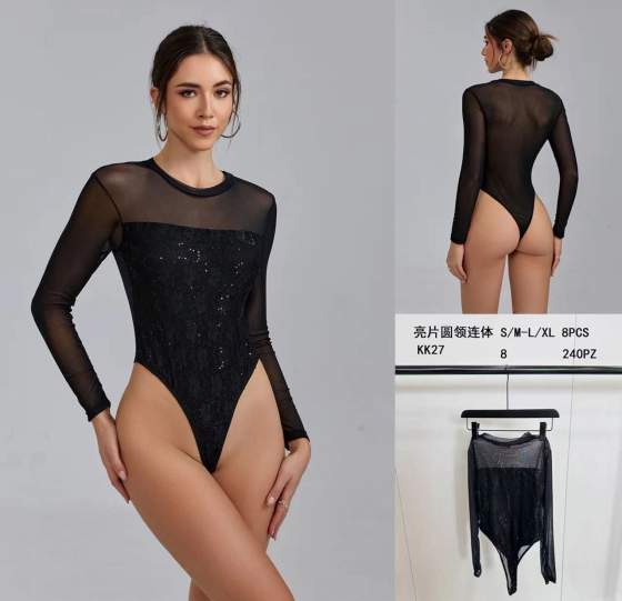 Body a maniche lunghe con paillettes e collo rotondo