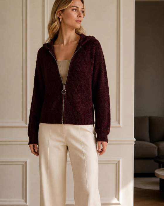 Cardigan in maglia con cappuccio e zip