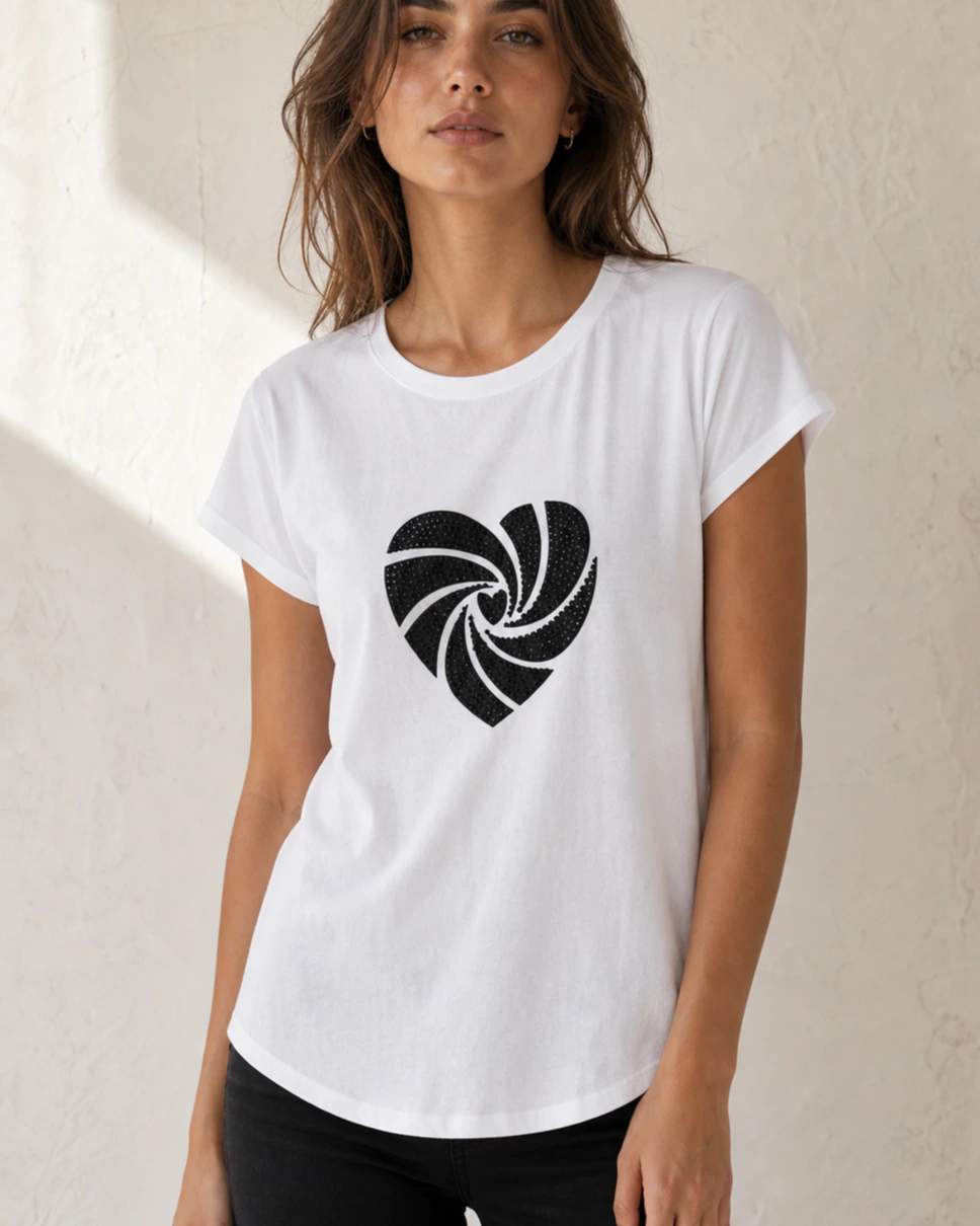 T-shirt bianca a maniche corte con motivo decorativo