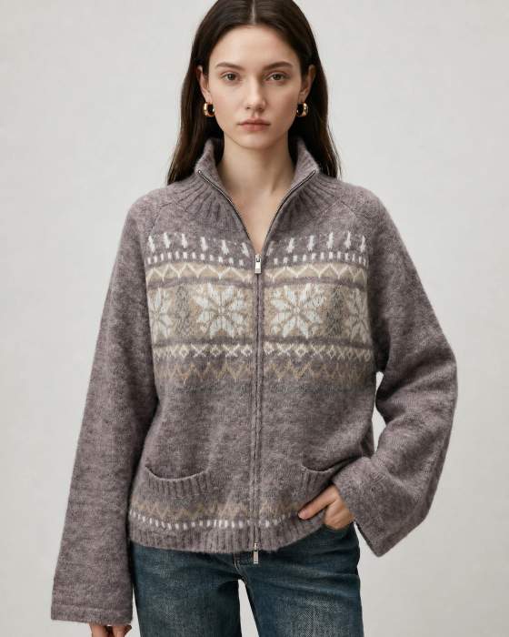 Cardigan in maglia con zip e motivo jacquard