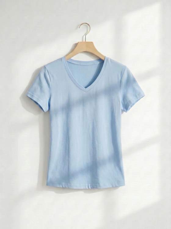 T-shirt donna azzurra con scollo a V