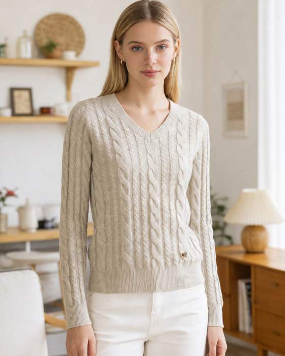 Maglione donna con scollo a V e trecce