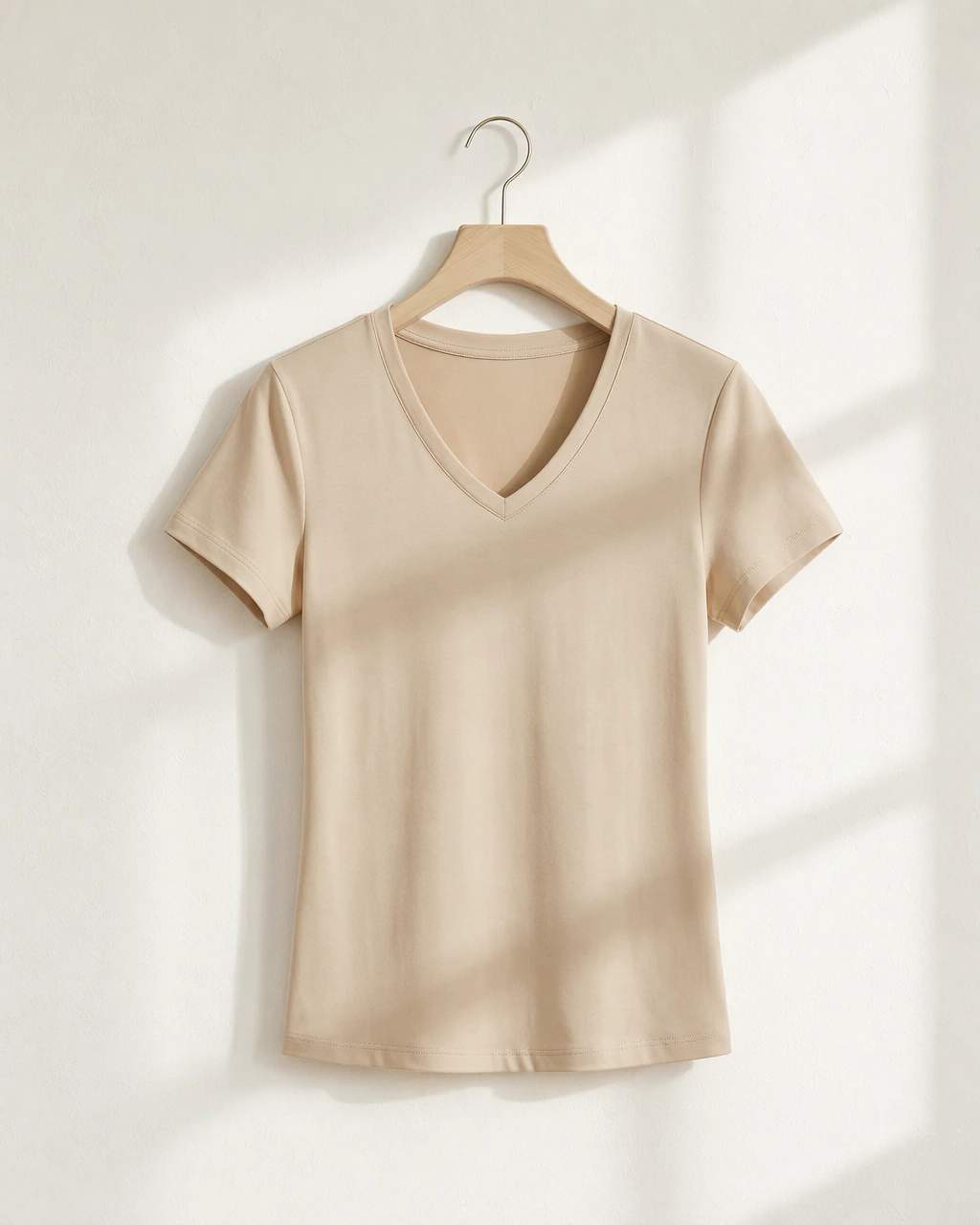 T-shirt beige a manica corta con scollo a V