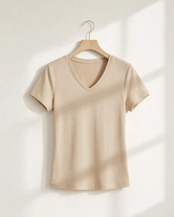 T-shirt beige a manica corta con scollo a V