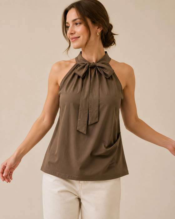 Top smanicato con fiocco al collo