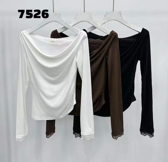 Top da donna a maniche lunghe con scollo drappeggiato e bordi in pizzo