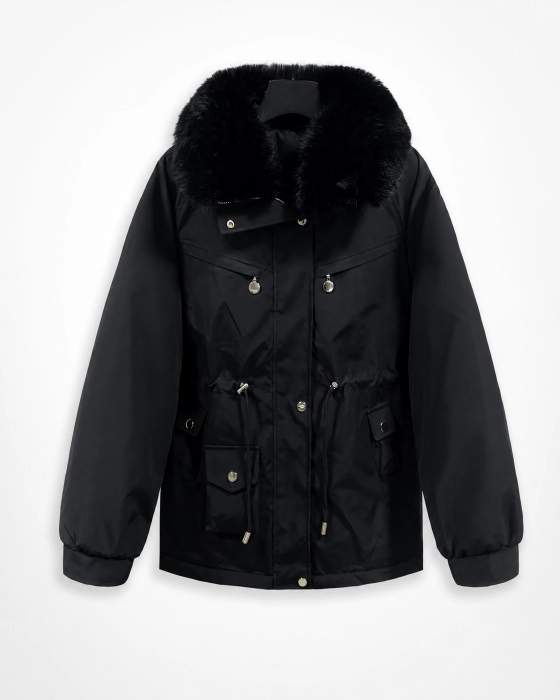 Parka nero con collo effetto pelliccia